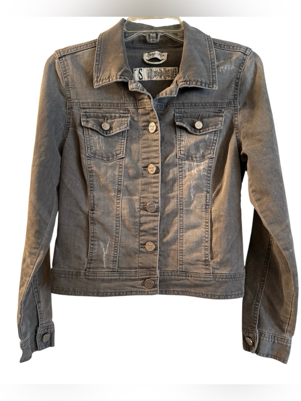 Indigo Rein Gray Denim Distressed Jean Jacket with Button Front